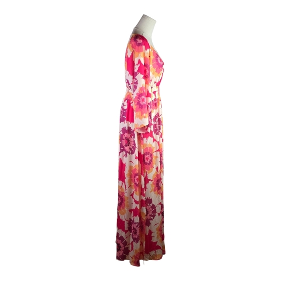 Flying Tomato Pink Floral Maxi Dress M Boho Kimono Sleeve Smocked Waist - Picture 7 of 12